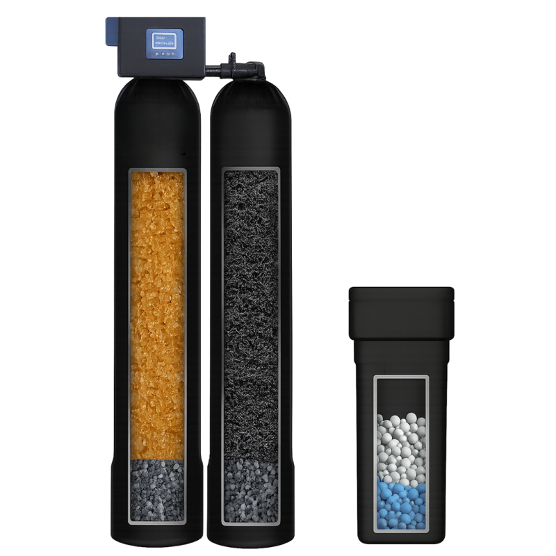 Dual-tank water softener and carbon filtration system with brine tank