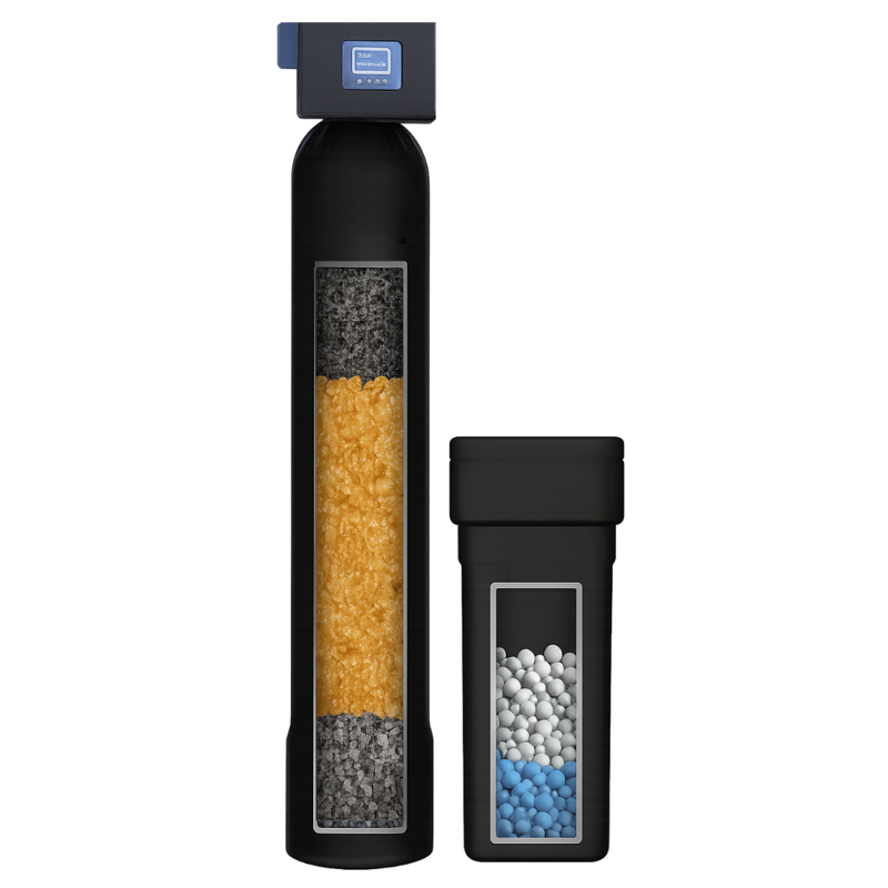 Single-tank water softener with carbon filtration and brine tank