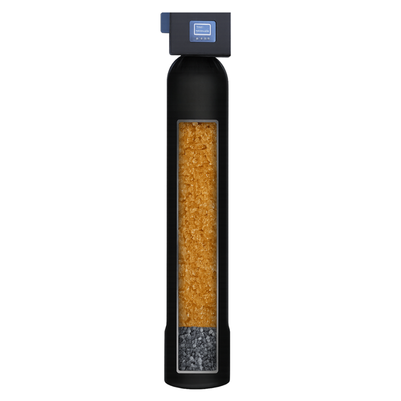 Whole home water softener tank cutaway showing resin and gravel