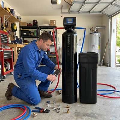 Licensed plumber installing a whole-home system